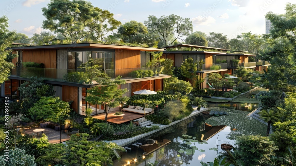 Sustainable living community with energy-efficient homes and shared green spaces Sustainable living community with energy-efficient homes and shared green spaces