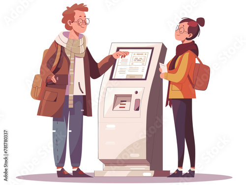 Vector illustration of a blind person using a specialized ATM machine, assisted by a bank employee, promoting inclusivity and accessibility in banking