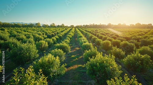 Vibrant rows of fruit trees in an orchard, stretching into the distance under a clear blue sky