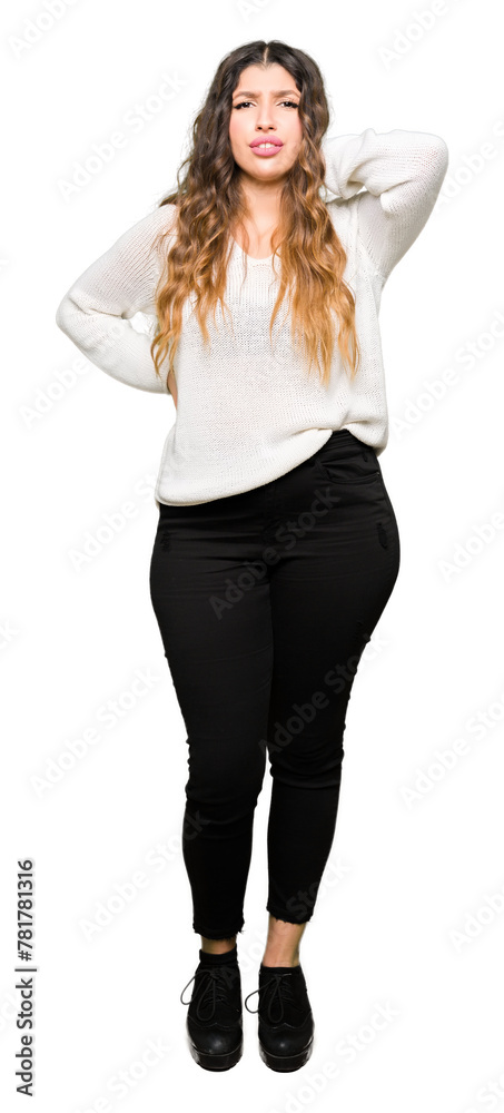Young beautiful woman wearing white sweater Suffering of neck ache injury, touching neck with hand, muscular pain