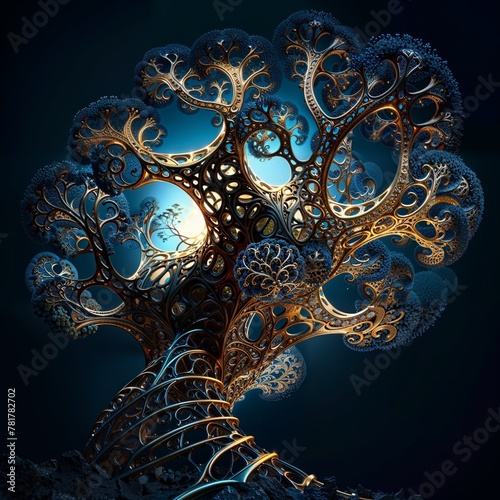 Ornate Fractal Tree with Spiral Branches and Illuminated Backdrop.