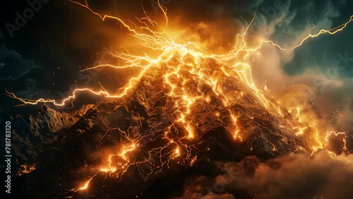 Majestic Volcanic Eruption Illuminated by Lightning at Night photo
