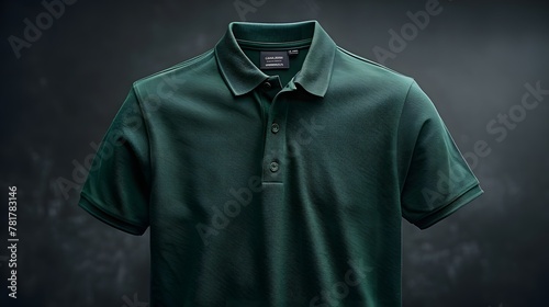 a forest green polo t-shirt mockup elegantly isolated on a solid charcoal background, depicted in realistic high resolution, emphasizing its classic design and versatility with cinematic finesse.