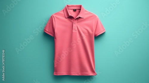 a light pink polo t-shirt mockup artfully isolated on a solid seafoam green background, depicted in vivid high resolution, accentuating its soft color and modern silhouette with cinematic flair.