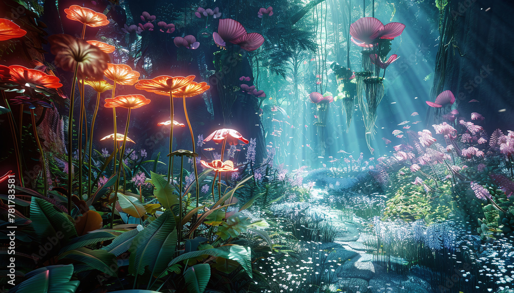 A vibrant coral reef teeming with bioluminescent life forms, all rendered with digital brushstrokes of code.
