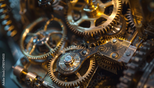An intricate, steampunk-style gear mechanism with interlocking cogs and gears. 