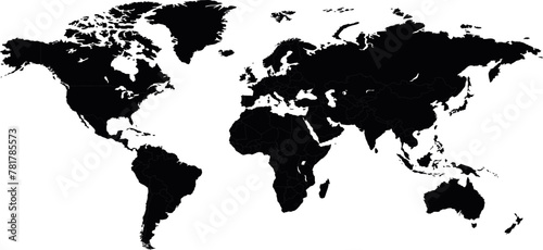 Flat black world map isolated on white background