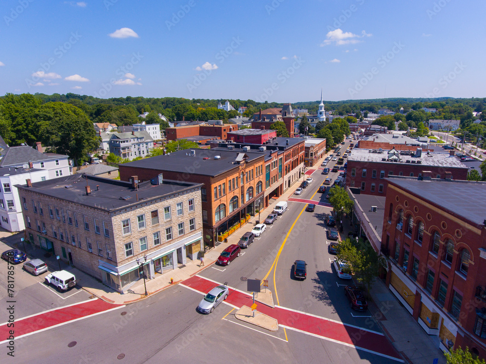 Hudson historic commercial buildings aerial view on Main Street in town center of Hudson, Massachusetts MA, USA. 