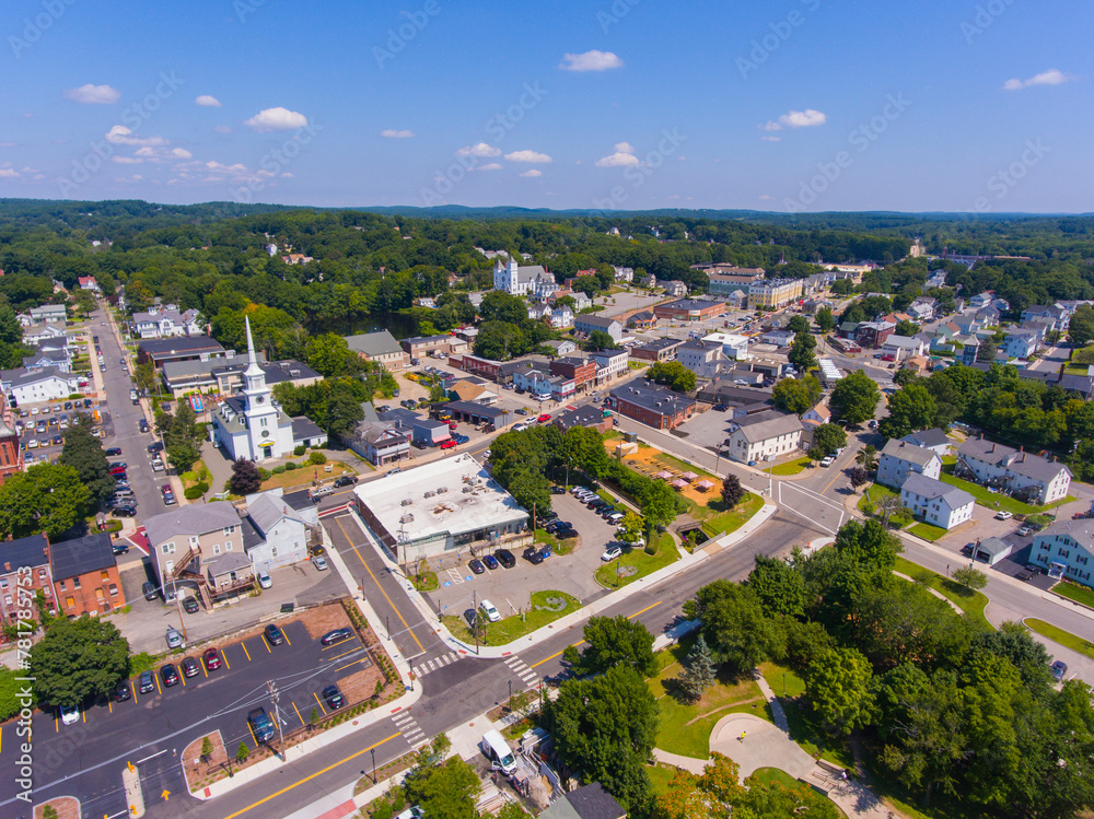 Hudson historic town center aerial view including Unitarian Church Marlborough and Town Hall on Main Street in town of Hudson, Massachusetts MA, USA. Hudson historic town center aerial view including Unitarian Church Marlborough and Town Hall on Main Street in town of Hudson, Massachusetts MA, USA.