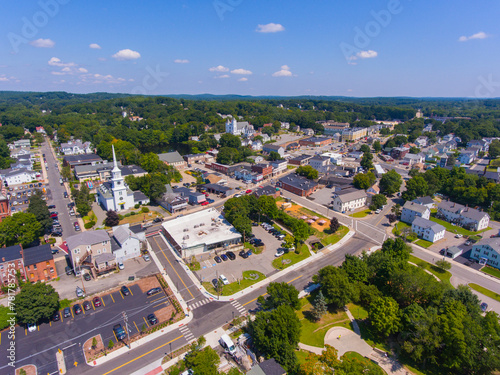 Hudson historic town center aerial view including Unitarian Church Marlborough and Town Hall on Main Street in town of Hudson, Massachusetts MA, USA. 