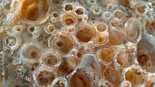 A closeup view of a euglenoid colony with multiple cells attached to each other. The cells are varying in size and shape with some