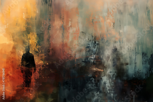 Fond abstrait, background, coloré, avec un espace négatif copyspace, style peinture à l'huile, avec la silhouette d'un homme en noir. photo