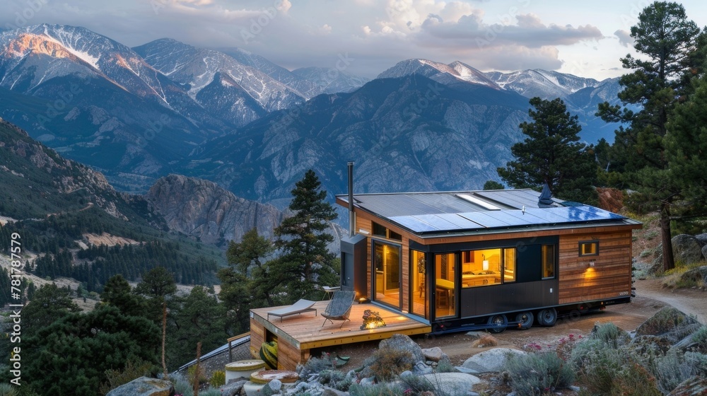 A handbuilt tiny house nestled in the mountains with solar panels integrated into the design for heating and powering appliances. . . - obrazy, fototapety, plakaty 