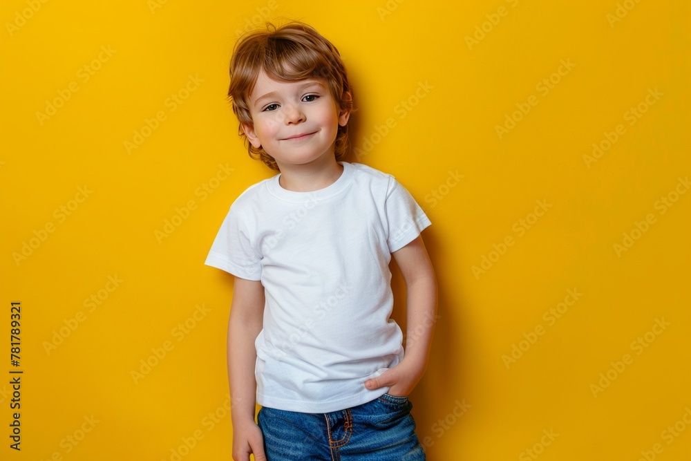 Cute red haired boy standing in front of yellow wall. 5 years old boy in white t-shirt and jeans. Kid's mockup. Cute red haired boy standing in front of yellow wall. 5 years old boy in white t-shirt and jeans. Kid's mockup.