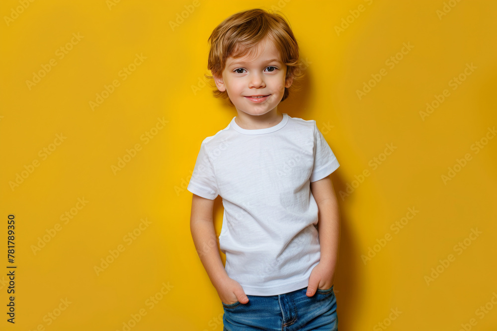 Little red haired boy standing in front of yellow wall. 4 years old boy in white t-shirt and jeans. Kid's mock up. Little red haired boy standing in front of yellow wall. 4 years old boy in white t-shirt and jeans. Kid's mock up.
