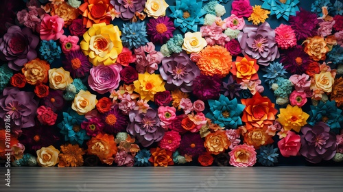 Background with multicolored flowers on a wall .