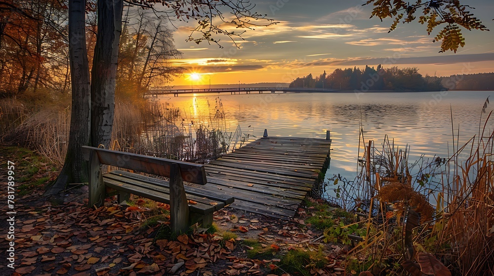 Autumnal sunset at the lake Lakeshore with a bench and wooden walkway In the background the footbridge - obrazy, fototapety, plakaty 