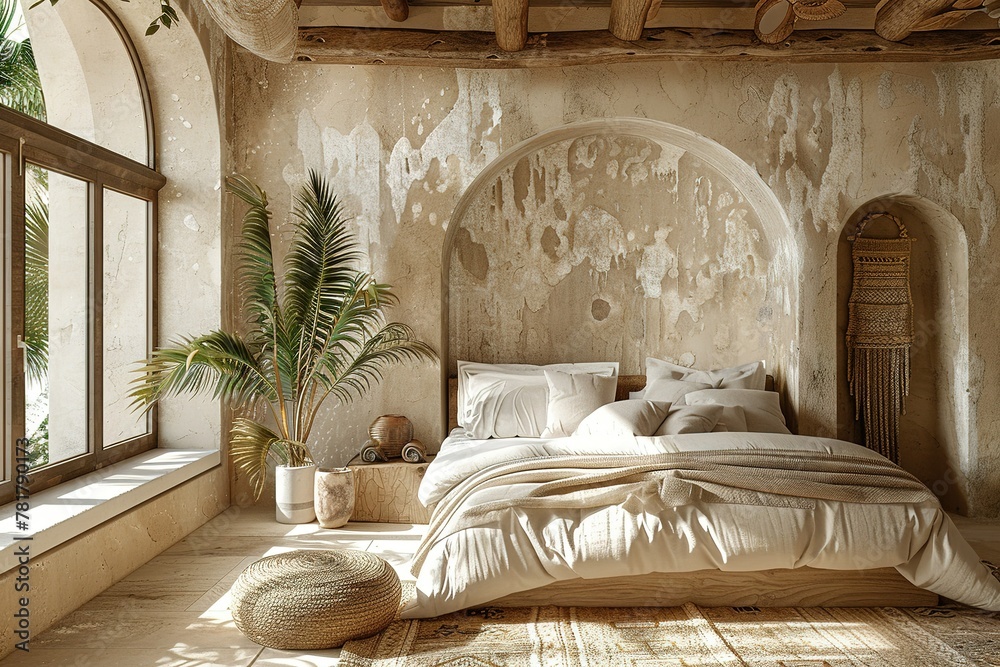 3d rendering of a beige atmospheric relaxed boheme Tulum style summer bedroom with textured plastering on the walls and exotic palm trees