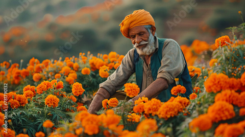 An indian farmer working in a field of orange marigold flowers.