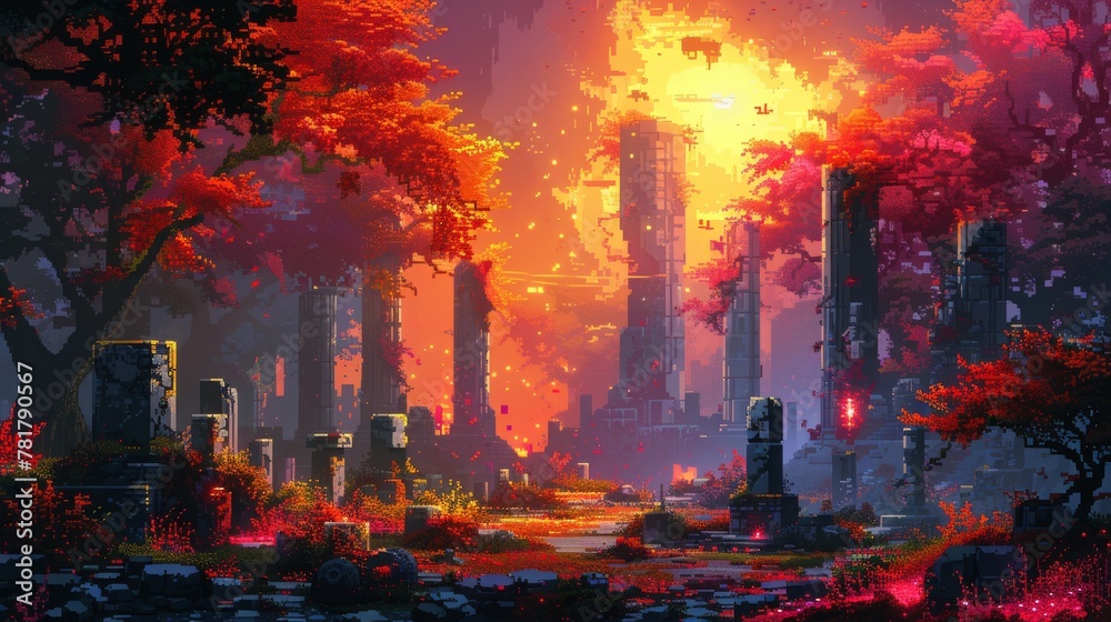 A beautiful pixel art image of a forest with red trees and ruins A beautiful pixel art image of a forest with red trees and ruins