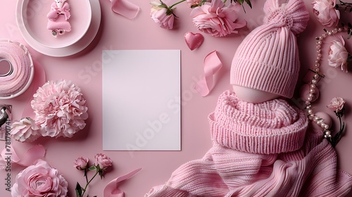 minimalistic elegance with a white card isolated on a solid color banner background, complemented by children's clothes and accessories, portrayed in realistic high resolution with cinematic finesse.