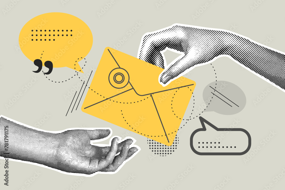 Trendy halftone hand drawn collage of business concept. Illustration of e-mail marketing, mailing list, contacts. Vector illustration of business, contract approval, finance, marketing material. - obrazy, fototapety, plakaty 