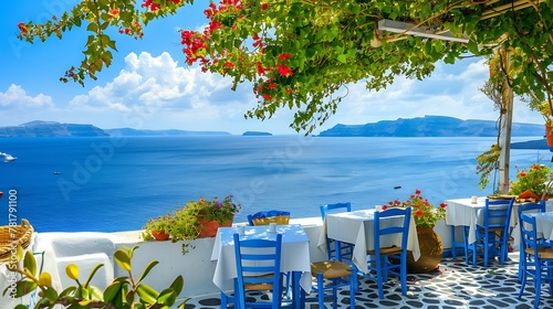 Beautiful view over traditional Greek tavern tables blue sea and sky on the background photo