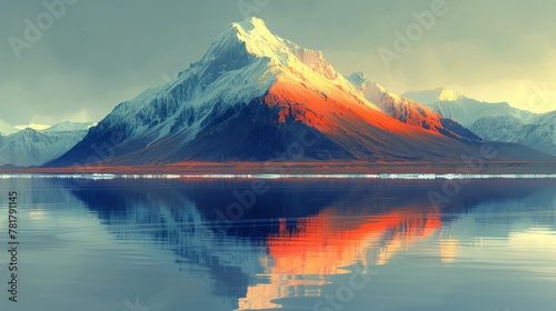 A beautiful landscape image of a snow-capped mountain reflecting in a calm lake.
