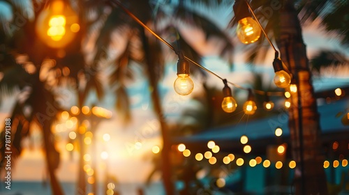 blurred light bokeh with coconut palm tree background on sunset, yellow string lights with bokeh decor in outdoor restaurant © James