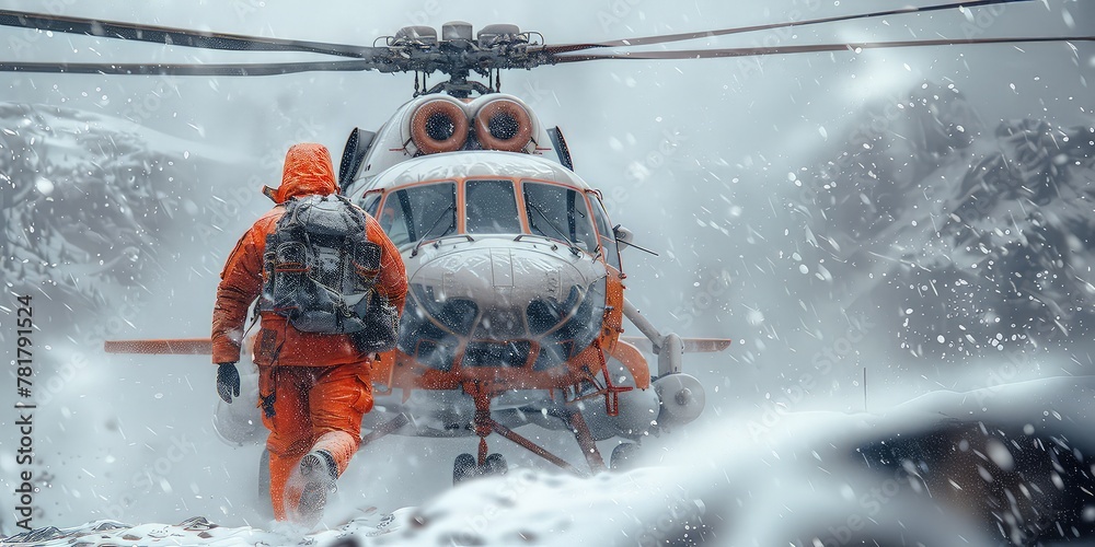 Search and rescue work in the mountains. A man in a red suit against the background of a red rescue helicopter. Lifesaver in mountain skies. Search and rescue work in the mountains. A man in a red suit against the background of a red rescue helicopter. Lifesaver in mountain skies.