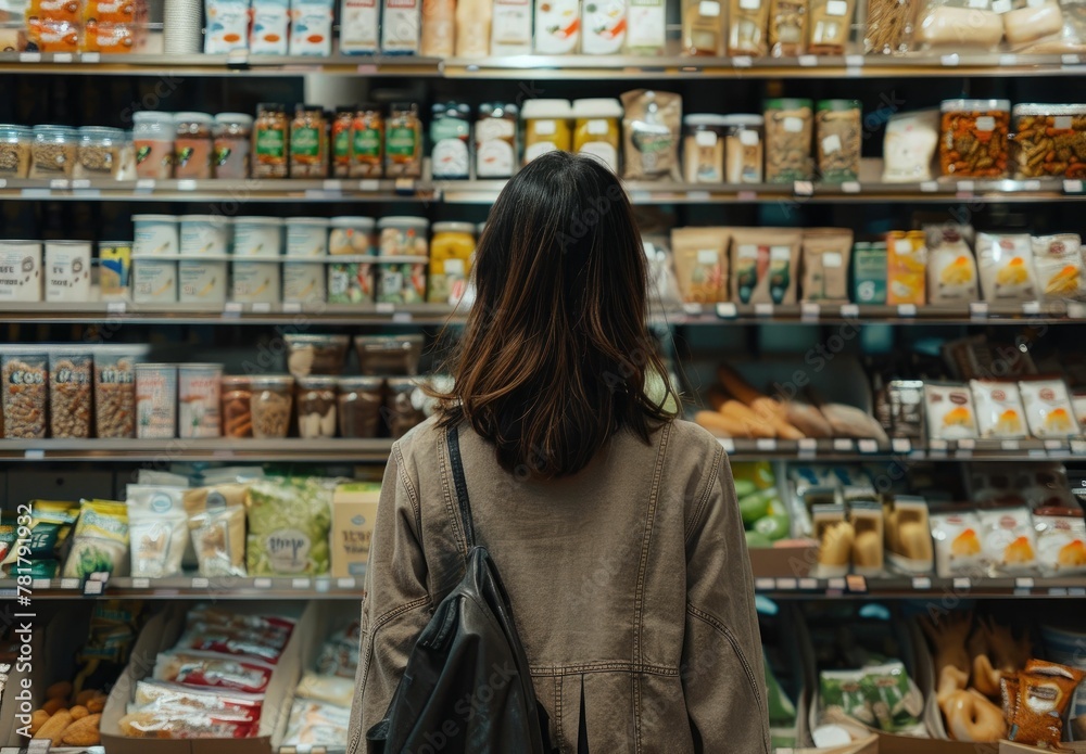 A woman in a casual jacket is browsing health food options in a well-stocked grocery store aisle.