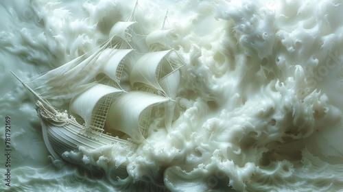 A grayscale image of a ship battling a large storm at sea, rendered in an intricate 3D style.