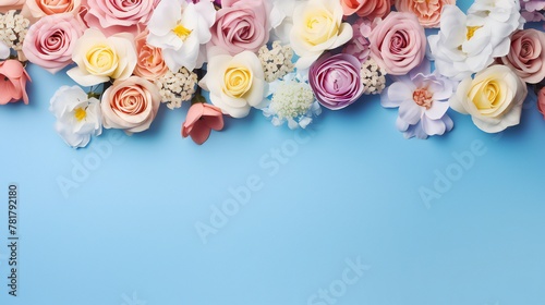 composition of flowers. Roses against a blue backdrop. Mothers' Day, Women's Day, and Valentine's Day concepts. Top view, copy space, and flat lay .