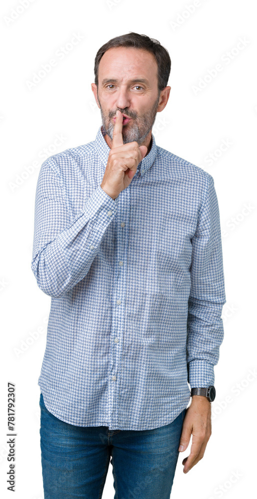Handsome middle age elegant senior man over isolated background asking to be quiet with finger on lips. Silence and secret concept. Handsome middle age elegant senior man over isolated background asking to be quiet with finger on lips. Silence and secret concept.