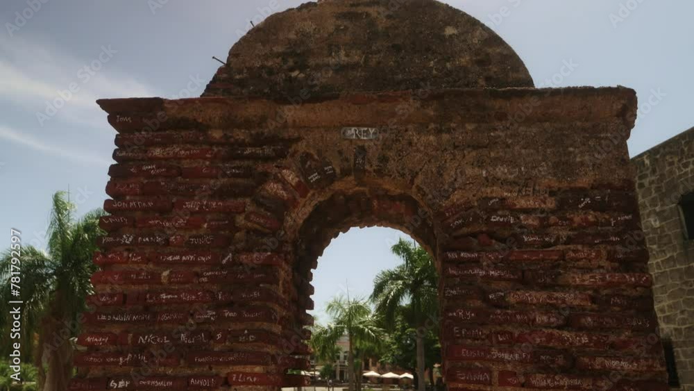 Drone shot of the brick structure and palm trees in the background. Drone shot of the brick structure and palm trees in the background.