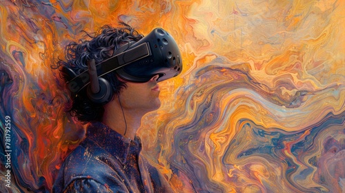 A man wearing a virtual reality headset is immersed in a colorful virtual world. photo