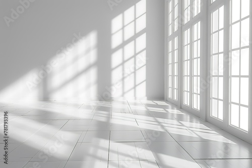 A white Empty room Surreal Minimalistic style morning light copy space