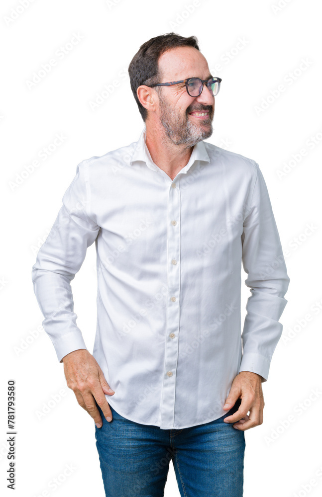 Handsome middle age elegant senior business man wearing glasses over isolated background looking away to side with smile on face, natural expression. Laughing confident. Handsome middle age elegant senior business man wearing glasses over isolated background looking away to side with smile on face, natural expression. Laughing confident.