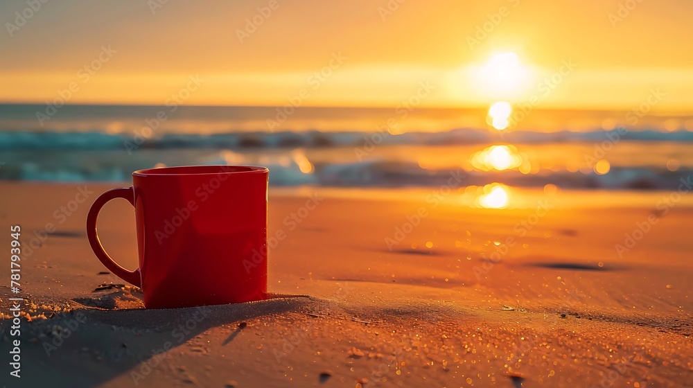 Good morning sunrise concept red mug with tea on the beach Good morning sunrise concept red mug with tea on the beach