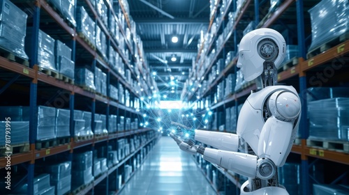 Robots in the warehouse, artificial intelligence, supply chain future, data, tech, abstract illustration