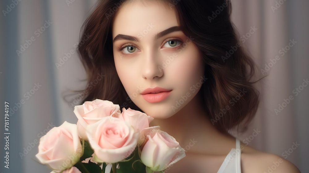Gorgeous white girl holding flowers. Gorgeous brunette girl holding a large rose bouquet. Close-up of a young, attractive woman with clear, healthy skin. Gorgeous woman wearing vivid cosmetics. Gorgeous white girl holding flowers. Gorgeous brunette girl holding a large rose bouquet. Close-up of a young, attractive woman with clear, healthy skin. Gorgeous woman wearing vivid cosmetics.