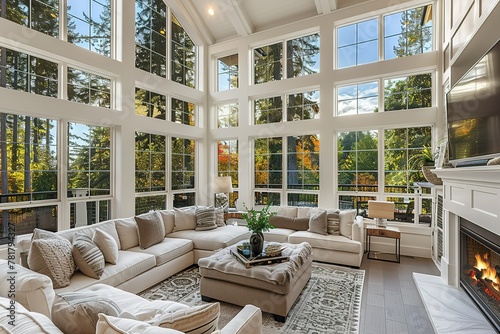 Beautiful Living Room in New Luxury Home with Fireplace and Roaring Fire. Large Bank of Windows Hints at Exterior View