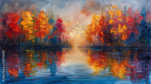 Oil painting of colorful autumn trees and their reflection in the lake