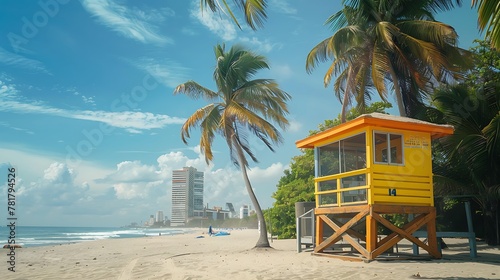 Lifeguard tower on coast tropical beach photo