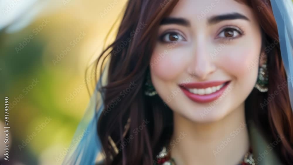 Close-up portrait of a beautiful young woman draped in a sheer veil. Gentle smile graces her face, brown eyes sparkling. Background is colorful and blurred, keeping focus on the woman. Close-up portrait of a beautiful young woman draped in a sheer veil. Gentle smile graces her face, brown eyes sparkling. Background is colorful and blurred, keeping focus on the woman.