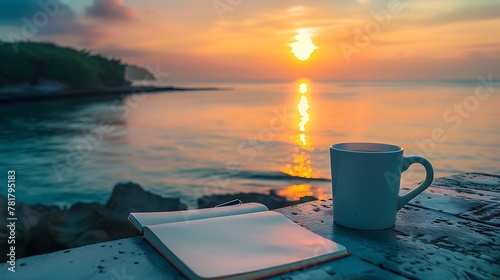 mug of coffee and notebook on table with sea at sunrise on the background © James