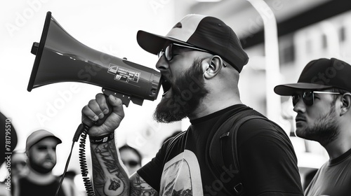 Male activist protesting with megaphone during a strike with group of demonstrator in background. With each stride, he paves the way for a better tomorrow, undeterred.