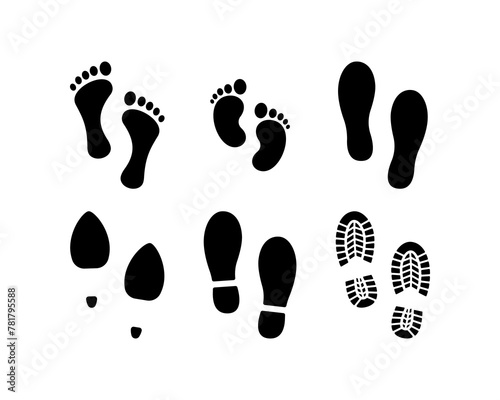 Collection human footprints vector. Boot sole, bare feet, baby footprint, high heel. © Maman