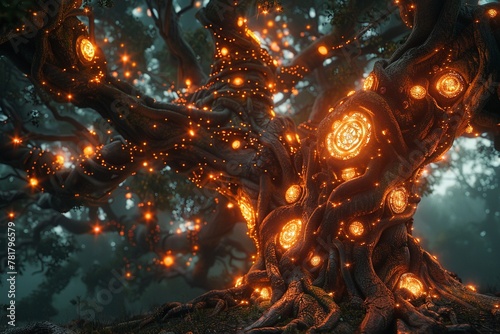 A fantastical tree adorned with intricate carvings and glowing symbols, embodying the infinite possibilities of human understanding ,super realistic,soft shadown