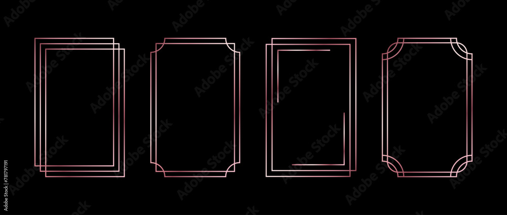 Rose gold thin frame set. Pink golden geometric borders. Thin linear radiance rectangular shape collection. Art deco glowing shiny boarder element pack. Vector bundle for photo, cadre, poster, decor